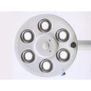 Overhead view of the D6 HEXA circular surgical light with six bulb sockets.
