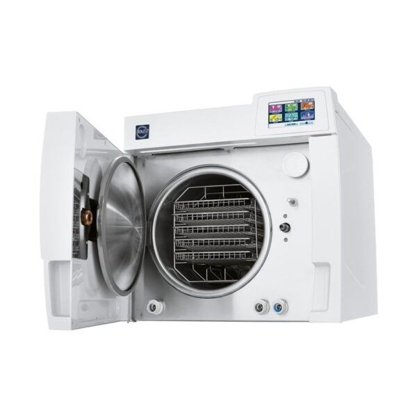 B FUTURA - 28 LITRES tabletop autoclave with open door, trays, and control panel.