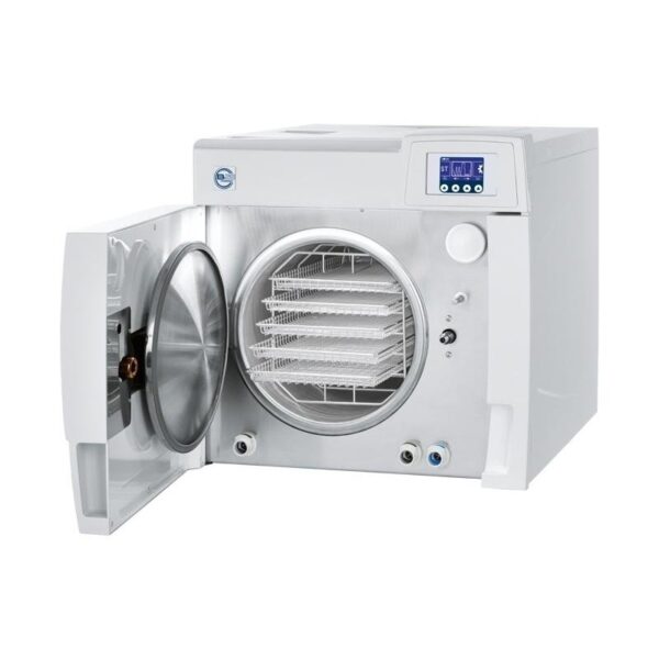 783-thickbox_default.jpg B CLASSIC - 17 LITRES lab autoclave with open door, trays, and digital display.