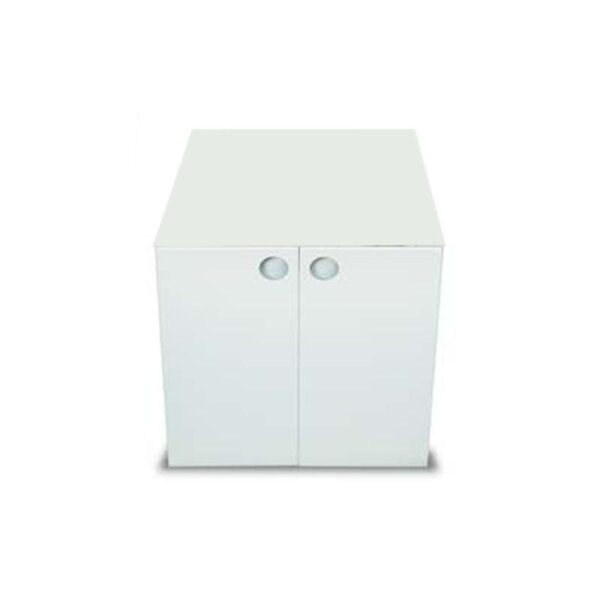 White BASE two-door cabinet with round handles, front view against plain background.