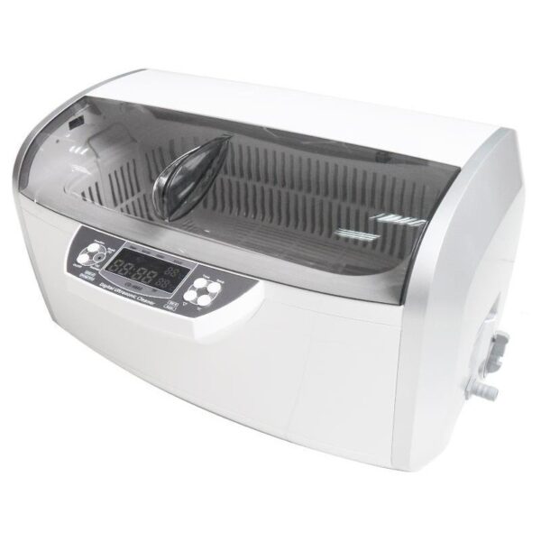 The DB-4860 ultrasonic cleaner features a transparent lid and digital control panel.