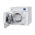 A white B CLASSIC - 22 LITRES autoclave with open door and empty trays.
