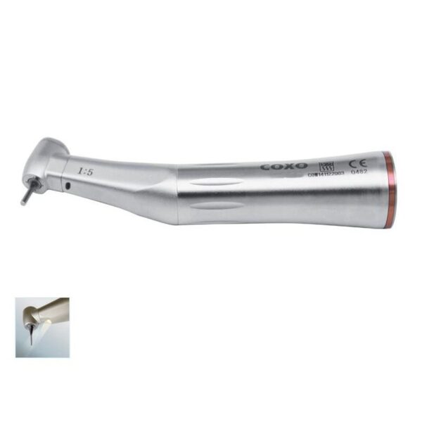 MOLTIPLICATORE 1:5 CON FIBRA OTTICA Manipolo dentale angolato con piccola fresa, vista laterale.
