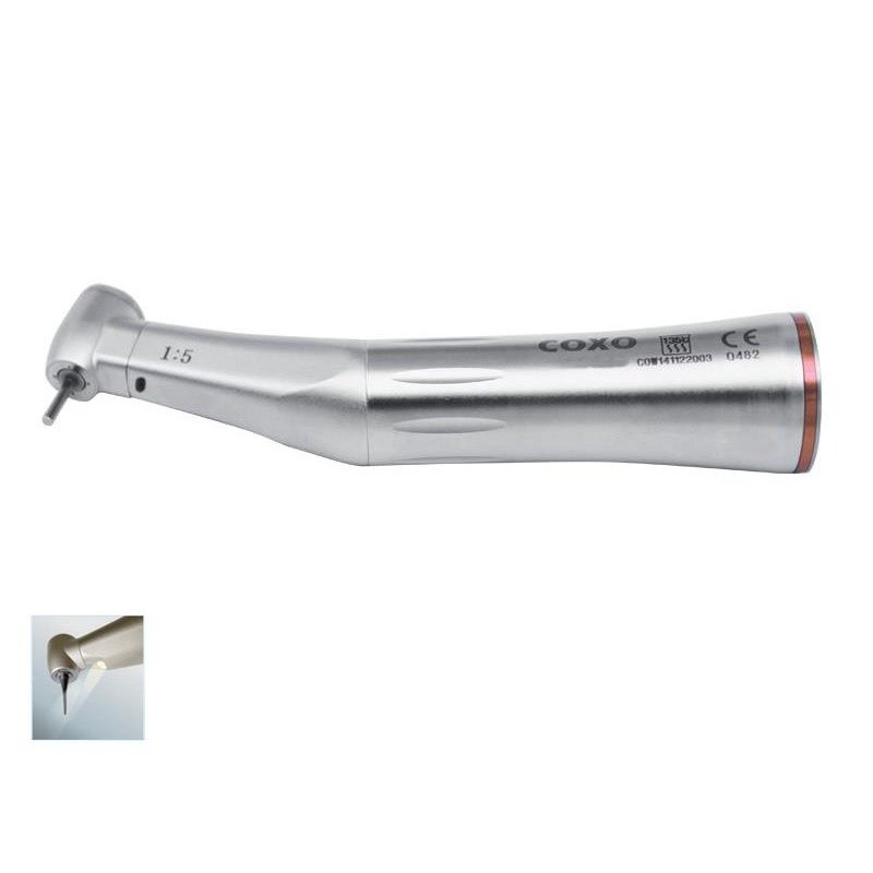 MOLTIPLICATORE 1:5 CON FIBRA OTTICA Manipolo dentale angolato con piccola fresa, vista laterale.