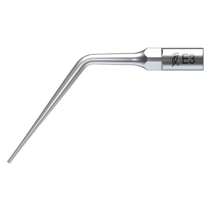 L'ED3-INSERTO ABLATORE è una punta metallica per ablatore dentale con un design sottile e angolato.