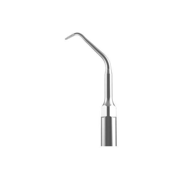 E11-TIP FOR SCALER: Curved, pointed metal scaler tip on a white background.