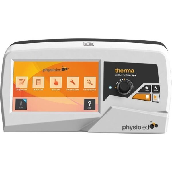 THERMA - Dispositivo TECAR touchscreen con manopola di controllo e icone terapeutiche.