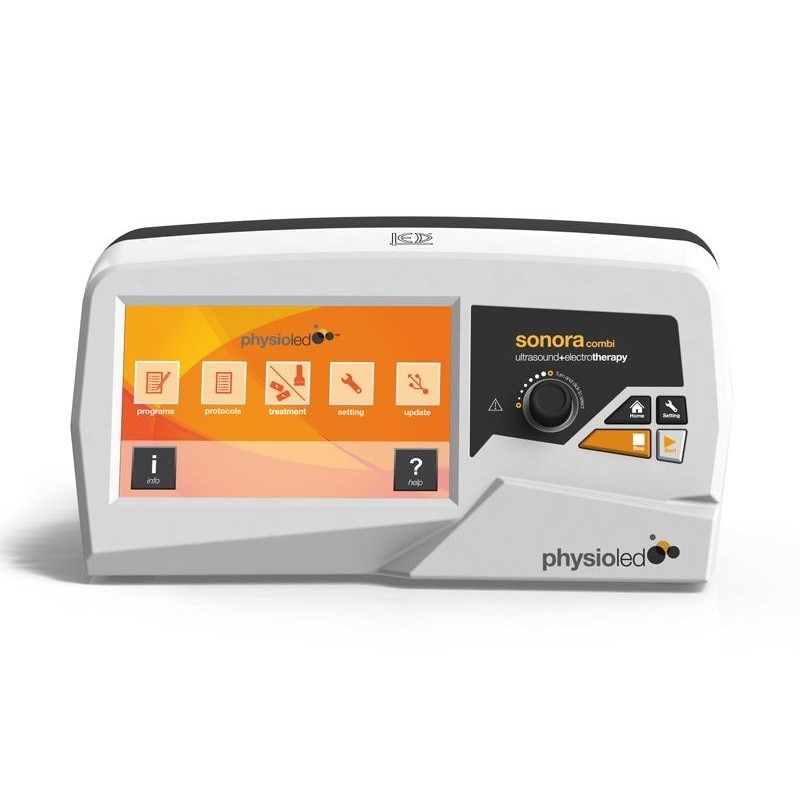 Macchina per ultrasuoni + elettroterapia SONORA COMBI bianca con touchscreen e manopola di controllo.