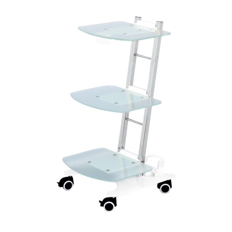 The CF3V is a three-tier utility cart with frosted glass shelves, a silver metal frame, and four black-and-white caster wheels for mobility.