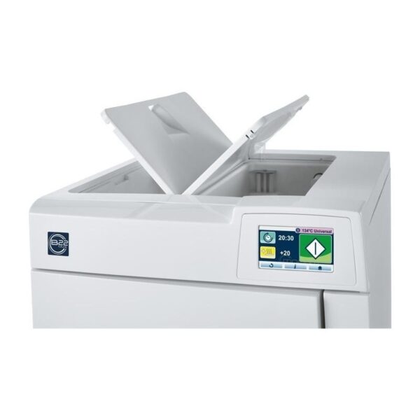 B FUTURA - 22 LITRES lab autoclave with open lid and settings control panel.