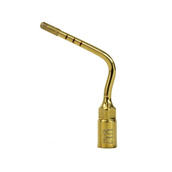 Gold UI7 implantology tip, ultrasonic, with a bent and textured end.