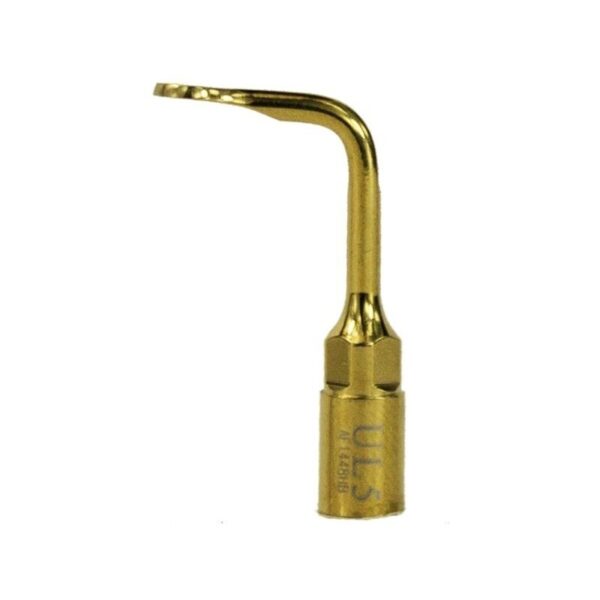 Gold-colored UL5 tip for sinus lifting with a curved, angled design.