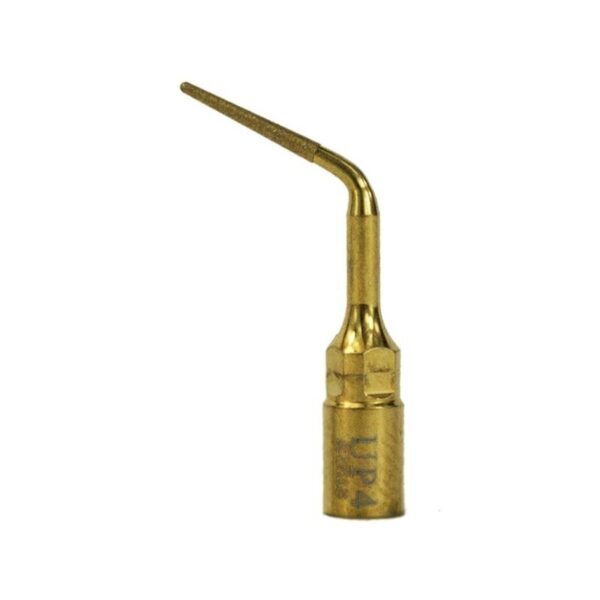 Gold UP4 tip for periodontal surgery, curved, pointed end with engraved text.