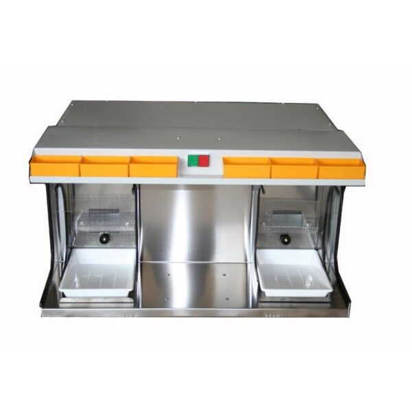 BOX: Stainless steel laboratory fume hood with dual workstations and control switches.