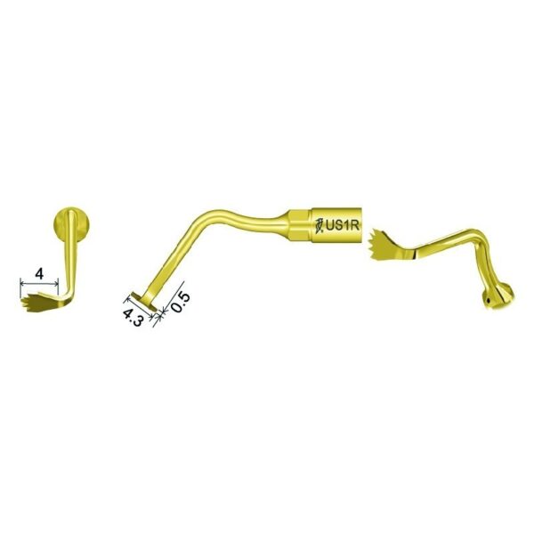 US1R-TIP FOR OSTEOTOMY, gold, serrated edge, with 4, 4.3, and 0.5 markings.
