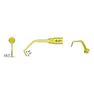 UE1 - INSERTO PER ENDODONZIA RETROGRADA punta scalare, 0,7 mm, curvatura 3,3 mm, tre viste.