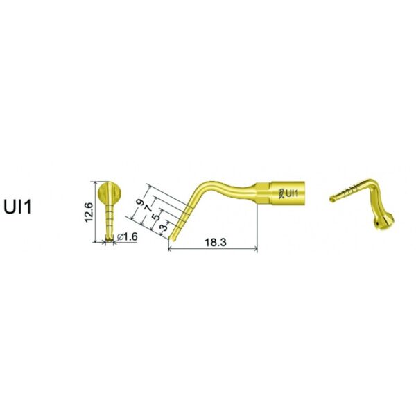 UI1 - Tip for Implantology with technical dimensions and side, top, and angle views.