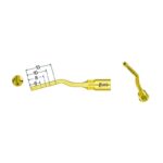 The UI3 - TIP FOR IMPLANTOLOGY is a gold-colored dental tool tip with a curved, angled design, shown from various angles and featuring shaft measurements of 6 mm, 8 mm, 10 mm, and 13 mm.