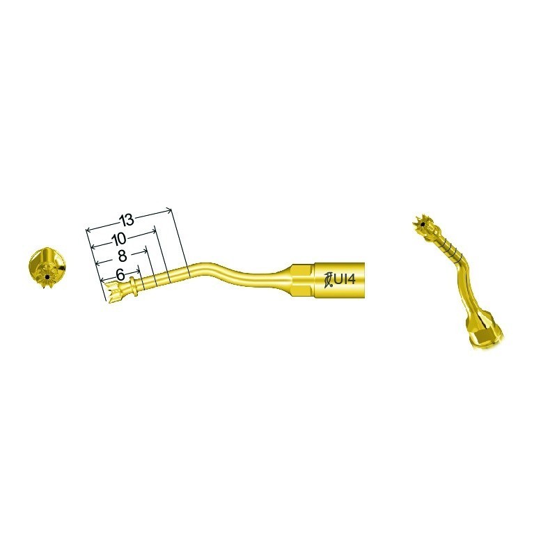 The UI4 - TIP FOR IMPLANTOLOGY is a gold dental tool with a curved tip, labeled “RU14,” and features measurements of 13mm, 10mm, 8mm, and 6mm. Shown in three views: front, side (with dimensions), and angled head detail.