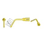 The UI5 - TIP FOR IMPLANTOLOGY, a gold dental tool with a bent tip, is displayed from three angles with measurements of 13 mm length, 6 mm width, and an 8 mm section.