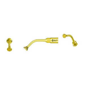 Three UL7 - TIP FOR SINUS LIFTING dental tips, gold-colored with various angled nozzles and perforated spraying ends, are shown against a white background for use in sinus lifting procedures.