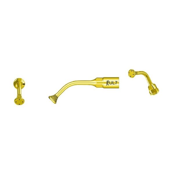 Three UL7 - TIP FOR SINUS LIFTING dental tips, gold-colored with various angled nozzles and perforated spraying ends, are shown against a white background for use in sinus lifting procedures.