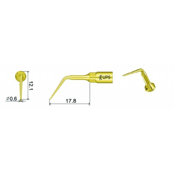 UP5 gold dental scaler tip: 12.1mm height, 17.8mm length, 0.6mm width.