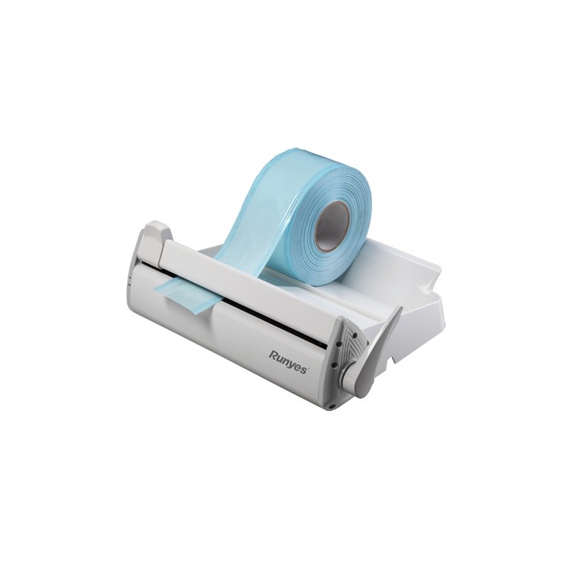 Un rotolo di film per sacchetti SEAL 120 blu in un dispenser bianco con taglierina.