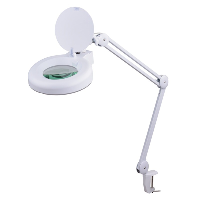 LAMP090 regolabile con base a morsetto, lente circolare e coperchio aperto.