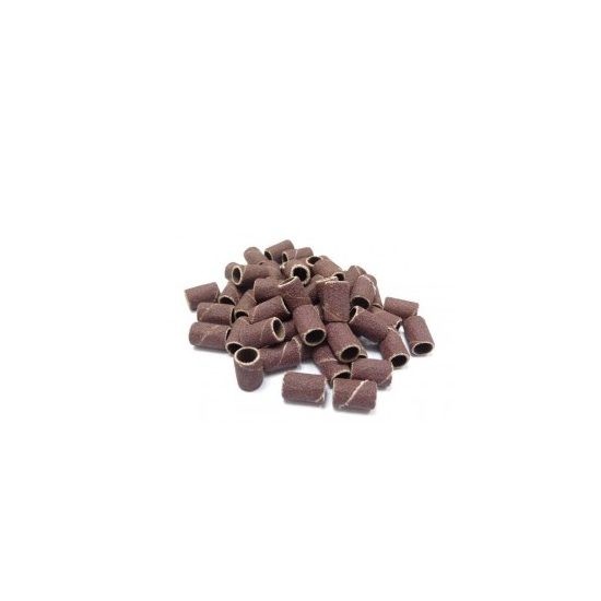 A pile of ABRASIVE DRILL GRAIN 80 sanding bands on a white background.