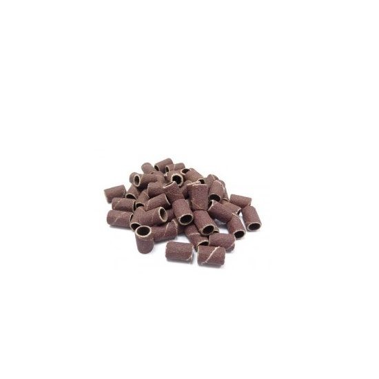 A pile of brown ABRASIVE DRILL GRAIN 150 sanding bands on a white background.