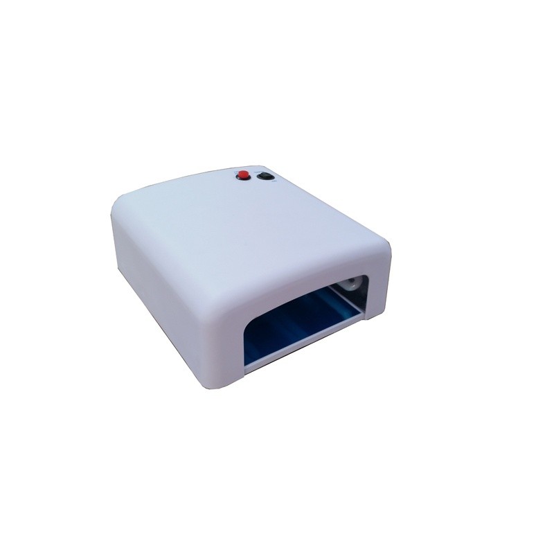 LAMPADA UV: lampada per unghie da tavolo bianca con fessura aperta e due pulsanti.