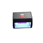 MILED 7 WATT black UV nail lamp with LEDs on, front view against a white background.