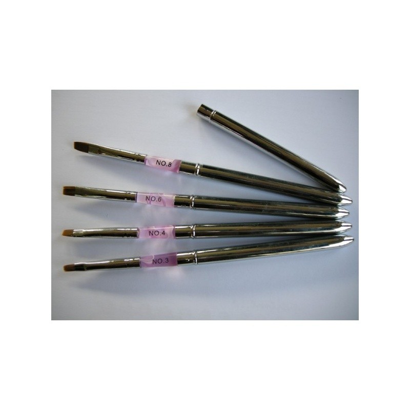 Five metal-handled BRUSH SIZE 4 paintbrushes labeled on a white surface.