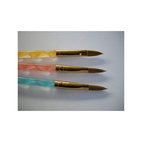 Three BRUSH SIZE 7 paintbrushes with pink, yellow, and blue twisted handles.