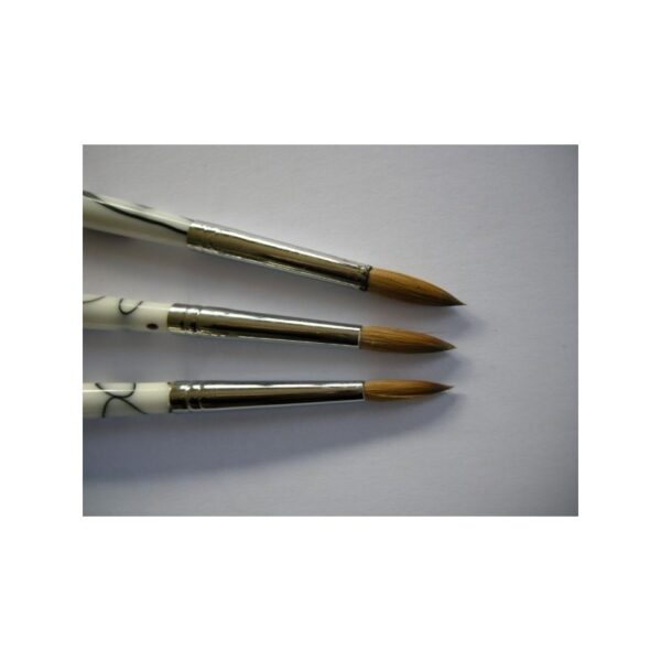 Three BRUSH SIZE 8 round paintbrushes with white handles on a white surface.