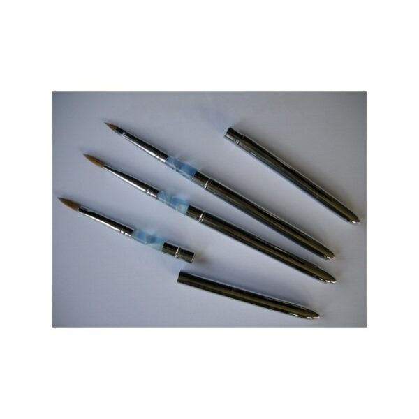 Five BRUSH SIZE 2 metal-cased paintbrushes arranged diagonally on a white surface.