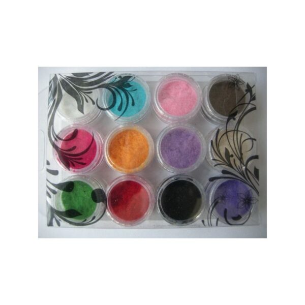 CASHMERE includes a plastic tray with twelve assorted colored powder containers.