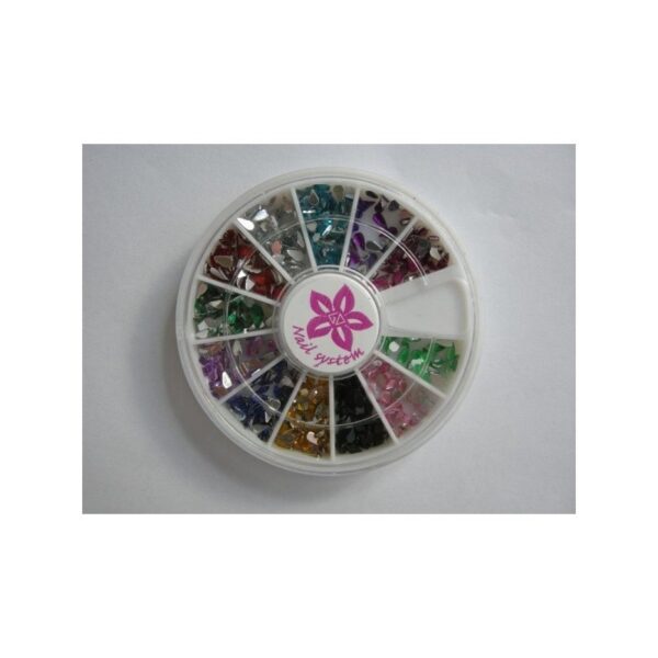 DROPS round container with assorted colorful nail art rhinestones in compartments.