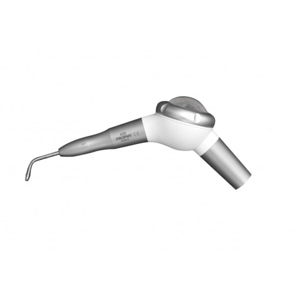 The AIR PROPHY WHITE is a dental air polisher with a silver and white finish, featuring a curved nozzle and ergonomic handle for effective plaque removal during professional teeth cleaning.