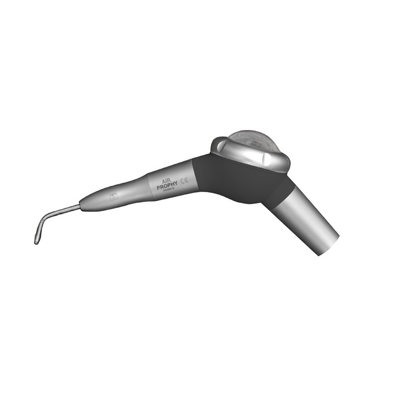 The AIR PROPHY PLUS BLACK is an ergonomic handheld air polisher with a curved nozzle.