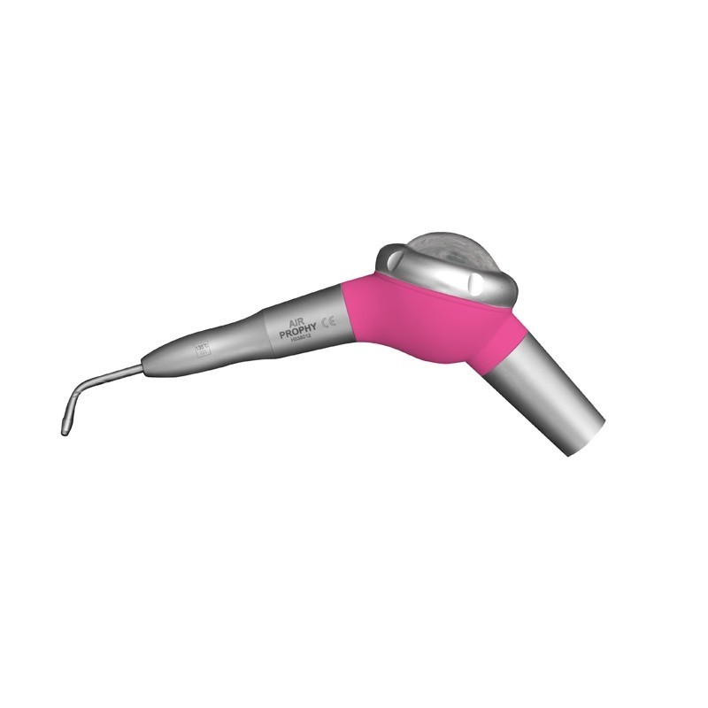 A pink AIR PROPHY PLUS PINK dental air polisher with a curved metal tip.