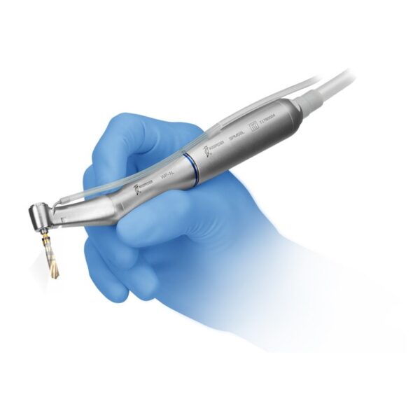 Gloved hand holding an IMPLANTER WITH LED against a white background.