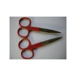 Two STR100-09 small scissors with red handles and stainless steel blades on white.