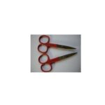 Two STR101-09 scissors with red handles lying parallel on a white surface.