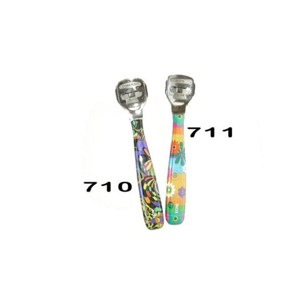 Two metal STR710 callus removers with colorful patterned handles, labeled 710 and 711.