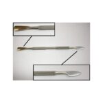 STR411 double-ended metal cuticle pusher with textured grip and close-up views.
