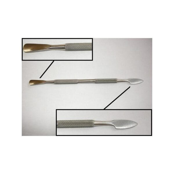 STR411 double-ended metal cuticle pusher with textured grip and close-up views.