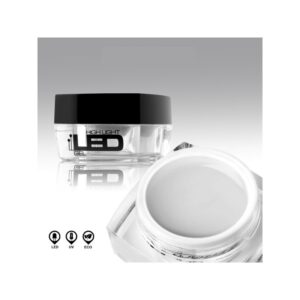 HIGH LIGHT LED GEL CLEAR in a small round jar with a black lid, open and closed.