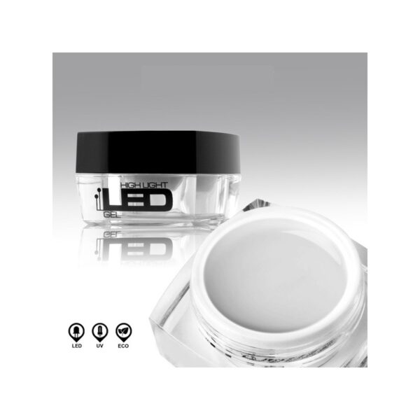 HIGH LIGHT LED GEL CLEAR in a small round jar with a black lid, open and closed.